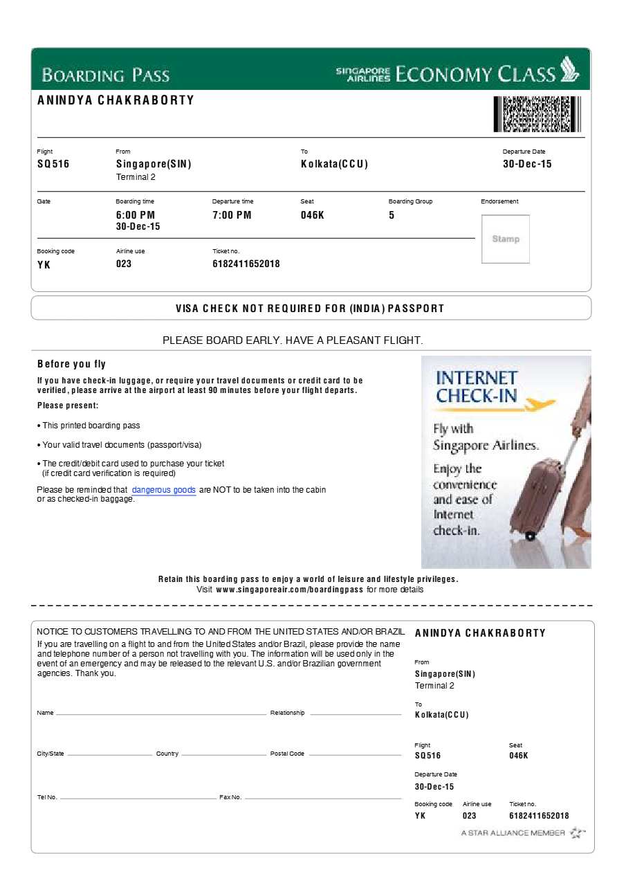 Singapore Airlines boarding pass in Word and PDF formats