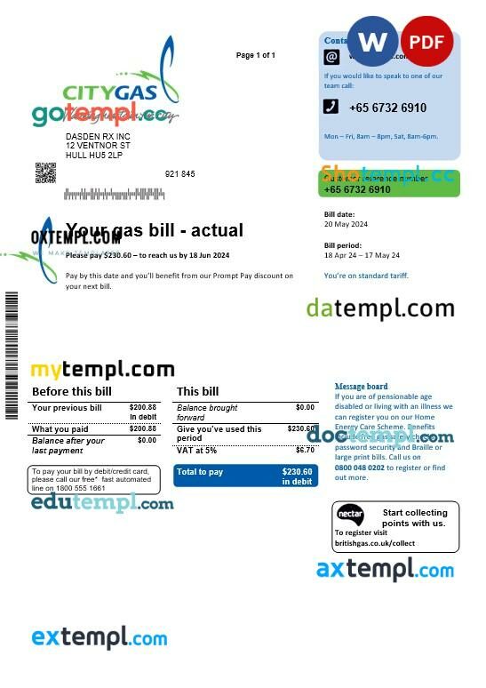 Singapore City Gas business utility bill template, fully editable in PSD formats