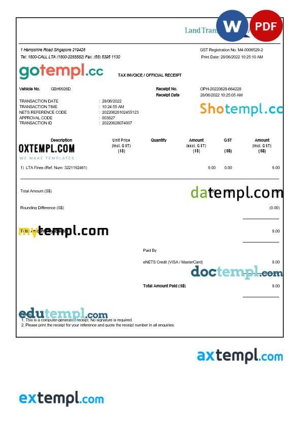 Singapore Land Transport Authority tax invoice editable template in Word and PDF formats