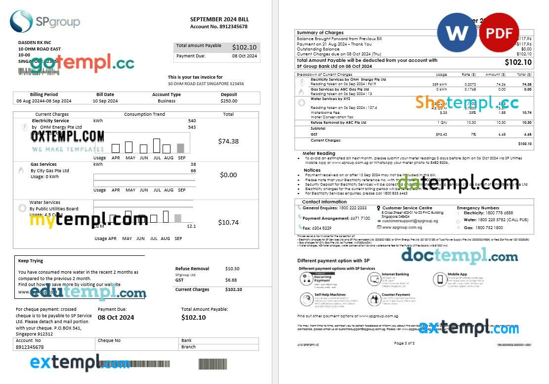 Singapore SP Group business utility bill template in Word and PDF formats (2 pages)