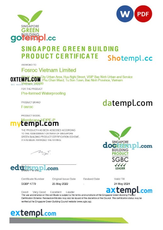 Singapore green building council product certificate editable template in Word and PDF format