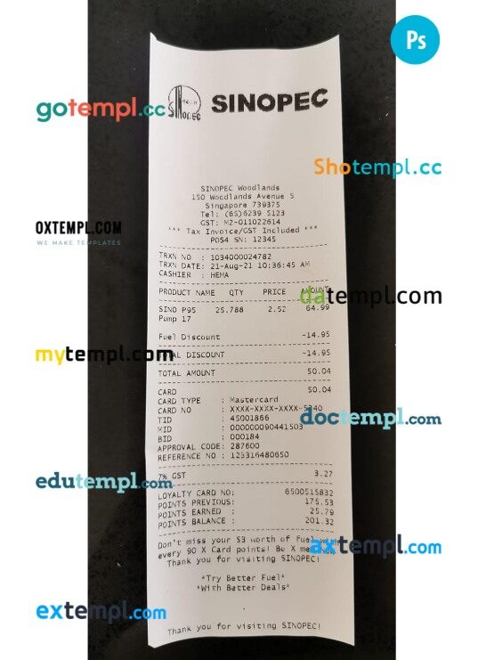 Sinopec corporation payment receipt PSD template