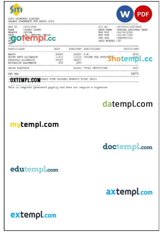 Siti Networks payslip template in Word and PDF formats