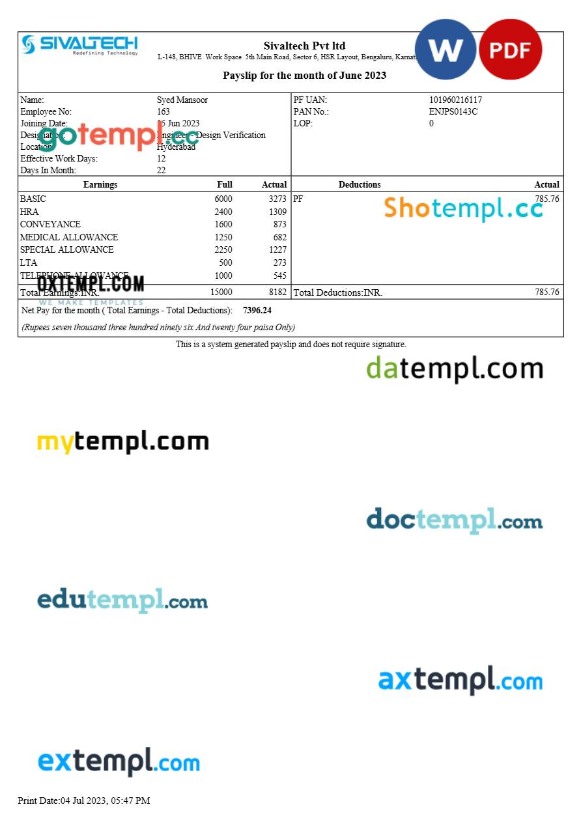 Sivaltech payslip template in Word and PDF formats