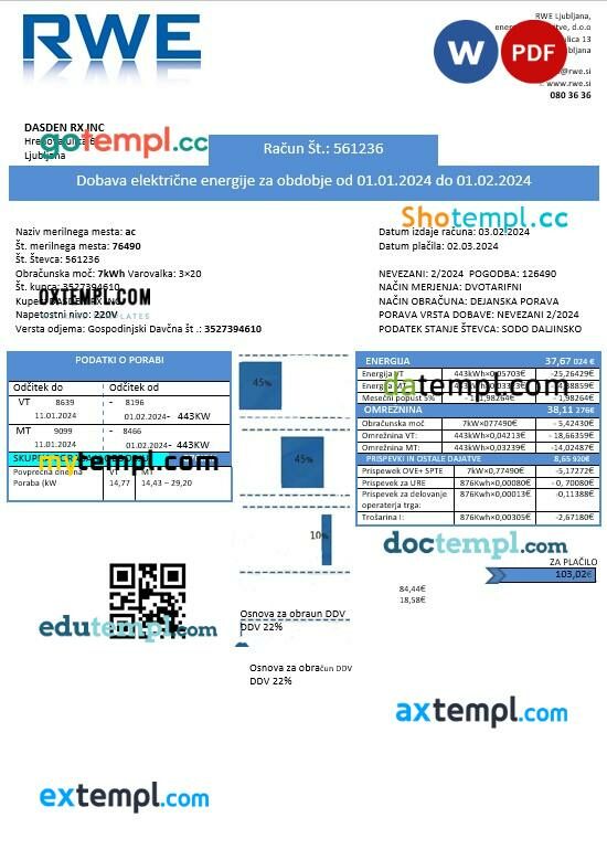 Slovenia RWE electricity proof of address business utility bill template in Word and PDF formats