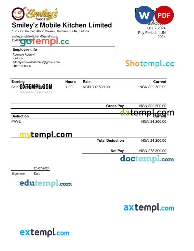 Smiley'z Mobile Kitchen payslip template in Word and PDF formats