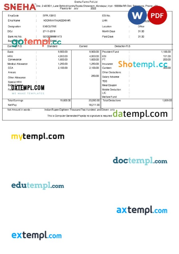 Sneha Farms payslip template in Word and PDF formats