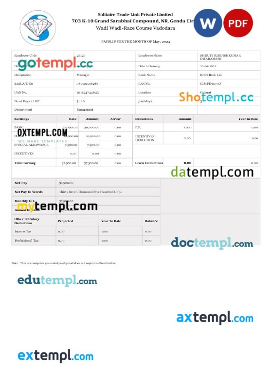 Solitaire Trade-Link payslip template in Word and PDF formats