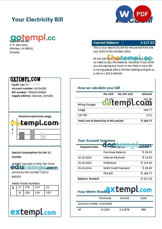 Somalia NESCOM Company electricity business utility bill template in Word and PDF formats