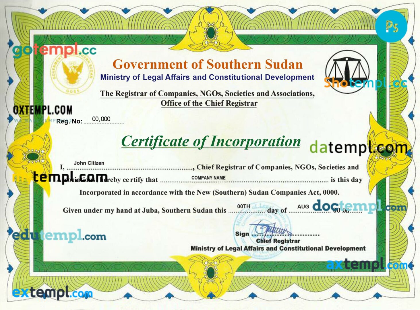 South Sudan certificate of incorporation PSD template