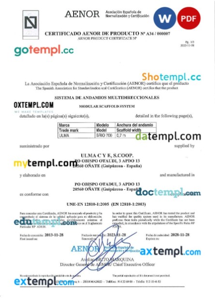 Spain AENOR product certificate editable template in Word and PDF format (version 2)