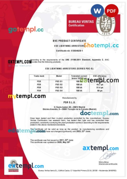 Spain Bureau Veritas Iberia S.L product certificate editable template in Word and PDF format