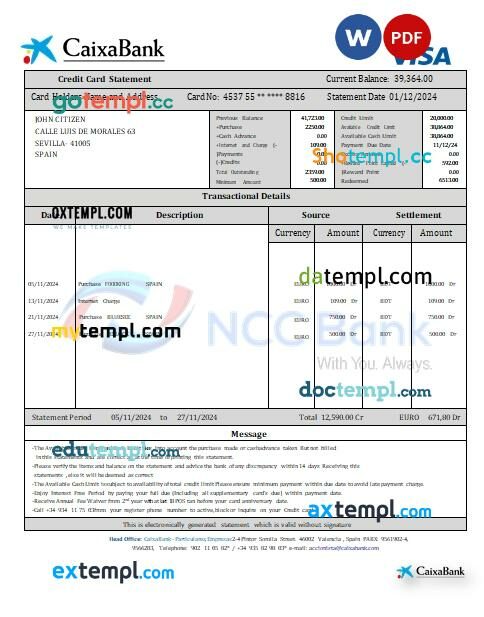 Spain CaixaBank credit card statement Word and PDF template