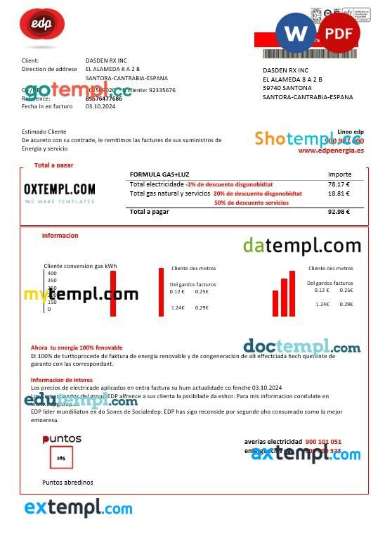 Spain EDP Energia business utility bill template in Word and PDF formats