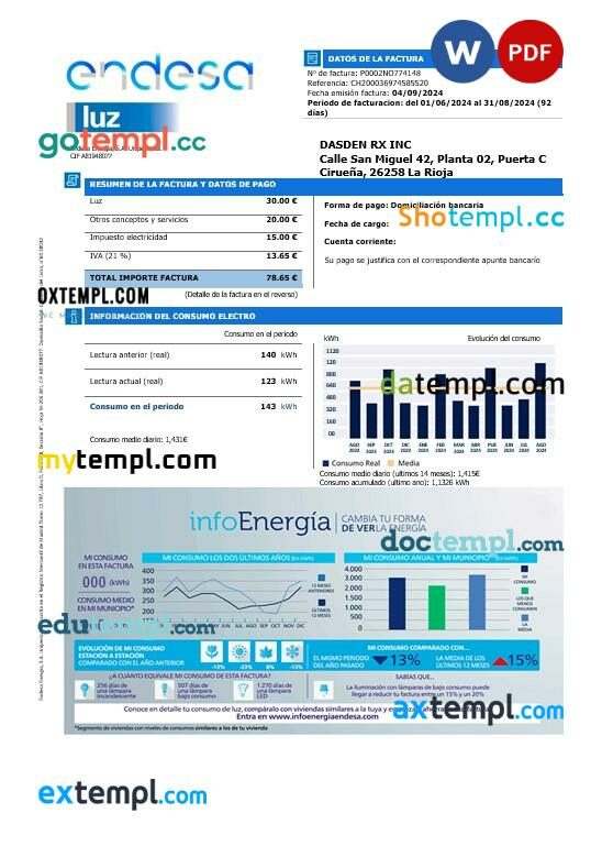 Spain Endesa luz business utility bill template in Word and PDF formats