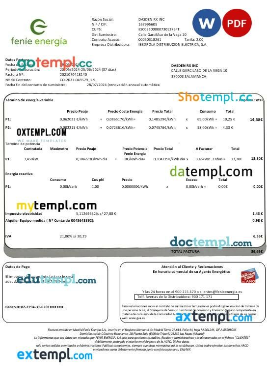 Spain Feníe Energía business utility bill template in Word and PDF formats