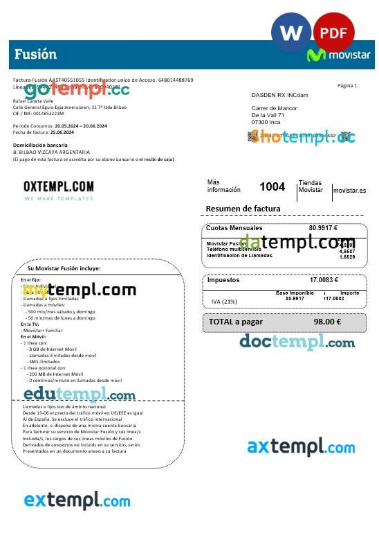 Spain Movistar Fusion telecom operator business utility bill document in Word and PDF formats