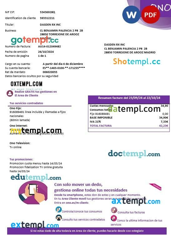 Spain ONO easy fillable business utility bill template in Word and PDF formats