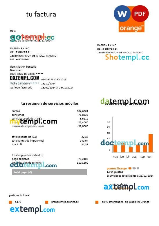 Spain Orange easy fillable business utility bill template in Word and PDF formats