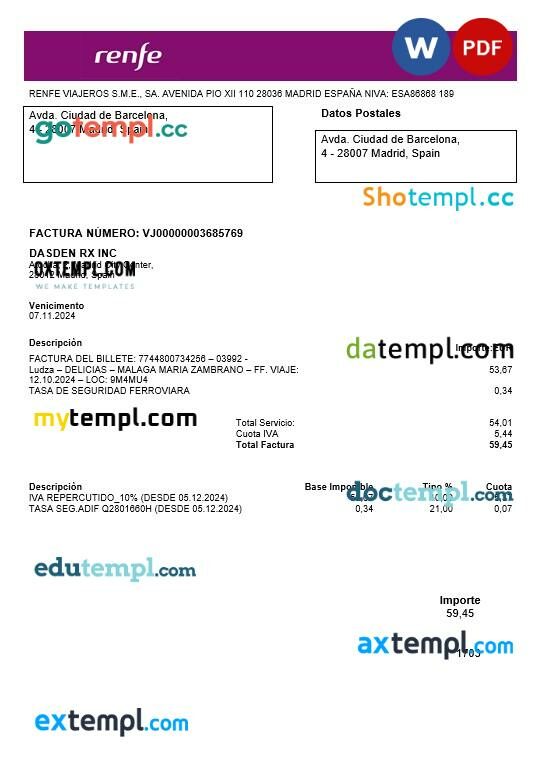 Spain Renfe business utility bill template in Word and PDF formats