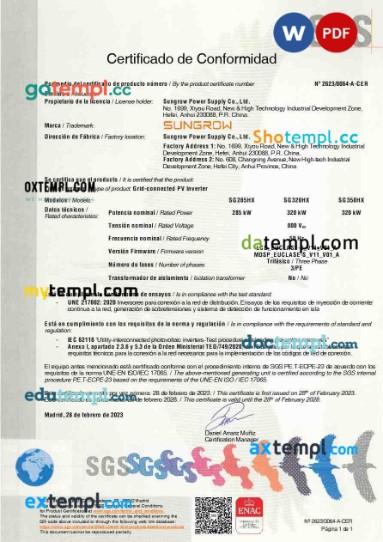 Spain SGS Tecnos, S.A.U product certificate editable template in Word and PDF format