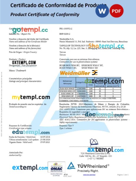 Spain TÜV Rheinland Colombia S.A.S. product conformity certificate editable template in Word and PDF formats (connector)