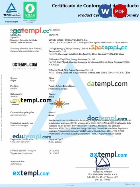 Spain TÜV Rheinland Colombia S.A.S. product conformity certificate editable template in Word and PDF formats (medium-voltage switchgear)