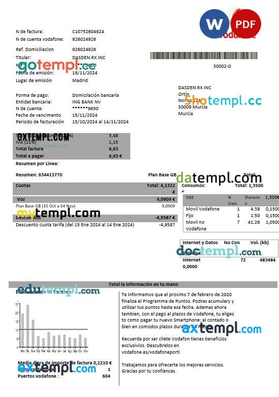 Spain Vodafone telecommunications business utility bill template in Word and PDF formats