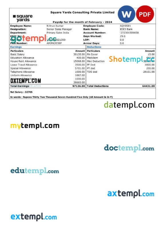 Square Yards Consulting payslip template in Word and PDF formats