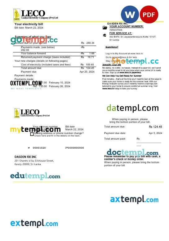 Sri Lanka LECO Company electricity business utility bill template in Word and PDF formats