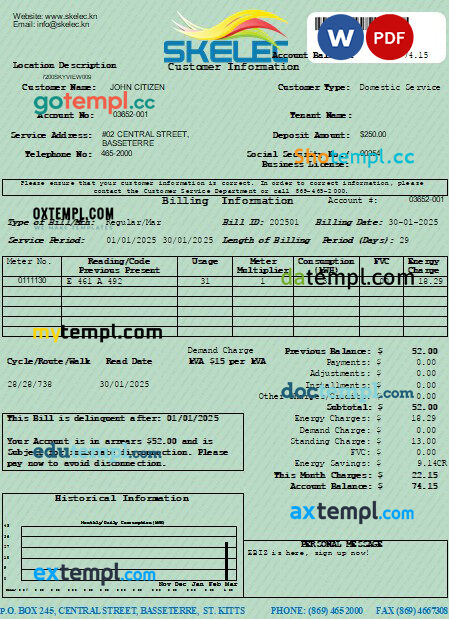 St. Kitts Electricity Company (SKELEC) utility bill editable template in PDF and Word formats