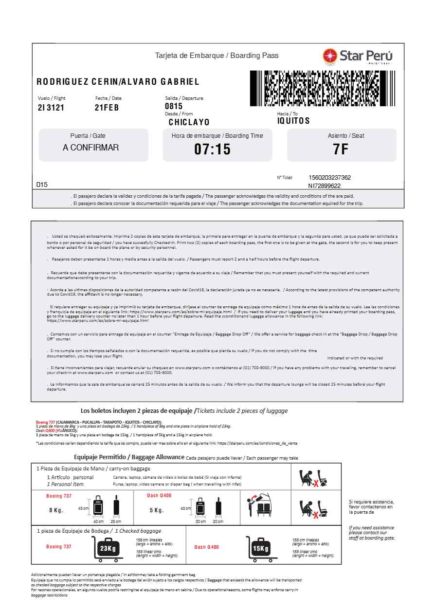 Star Peru boarding pass in Word and PDF formats