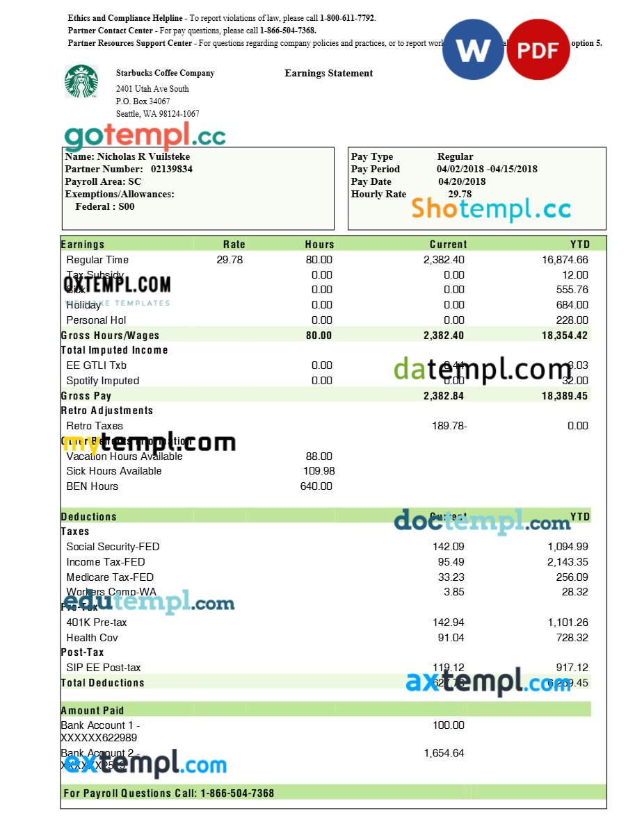 Starbucks Coffee Company earnings statement template in Word and PDF formats