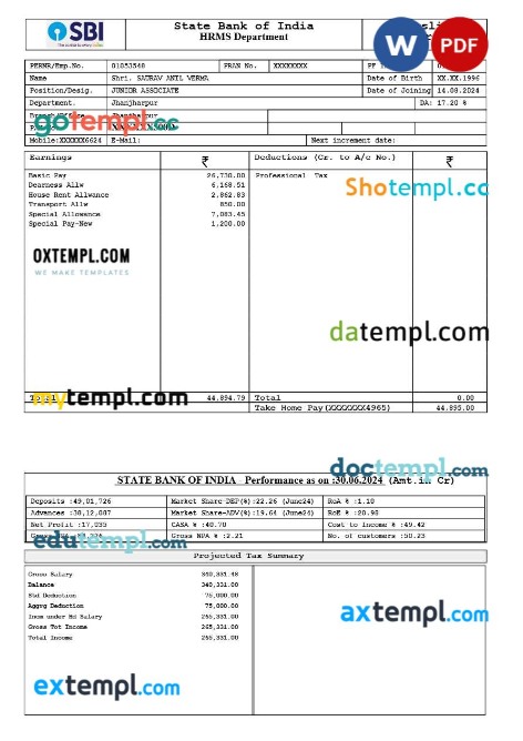 State Bank of India payslip template in Word and PDF formats