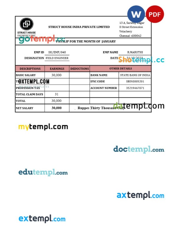 Struct House India payslip template in Word and PDF formats