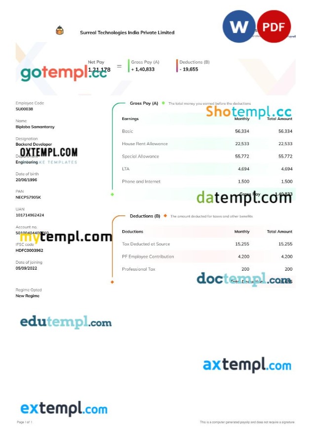 Surreal Technologies India payslip template in Word and PDF formats