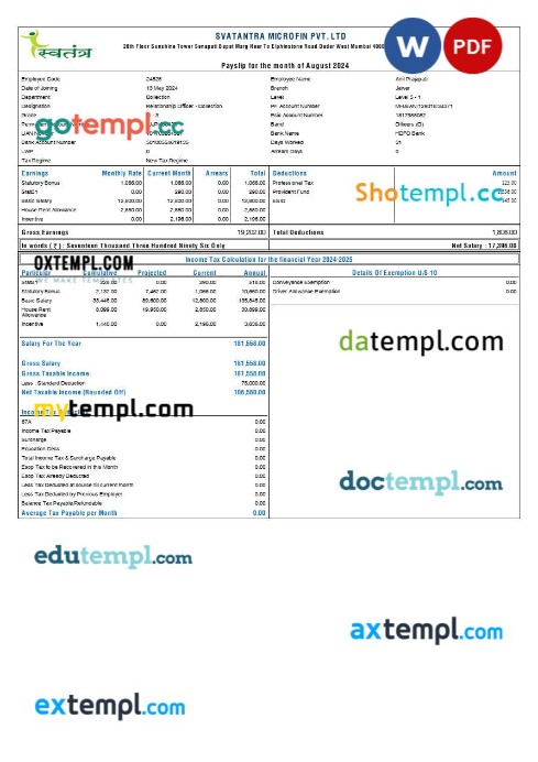 Svatantra Microfin payslip template in Word and PDF formats