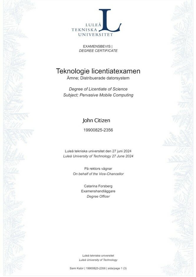 Sweden Luleå University of Technology diploma template in PSD format