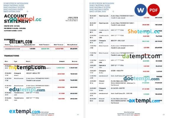 Switzerland Swiss National Bank SNB account statement Word and PDF template, 3 pages