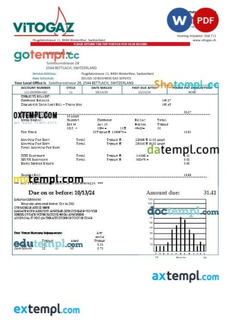 Switzerland Vitogaz Switzerland AG business utility bill template, fully editable in Word and PDF formats