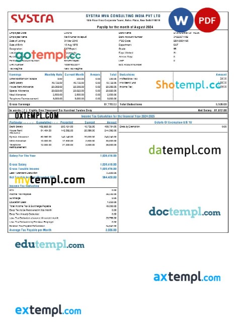 Systra MVA Consulting India payslip template in Word and PDF formats