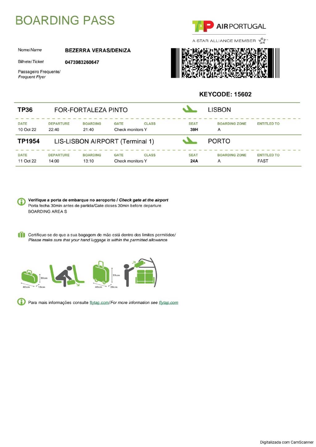 TAP Air boarding pass in Word and PDF formats