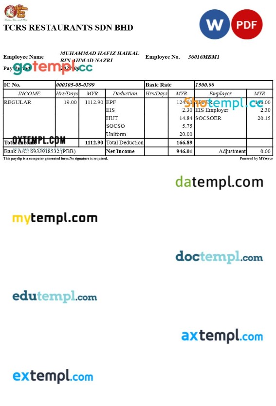 TCRS Restaurants payslip template in Word and PDF formats