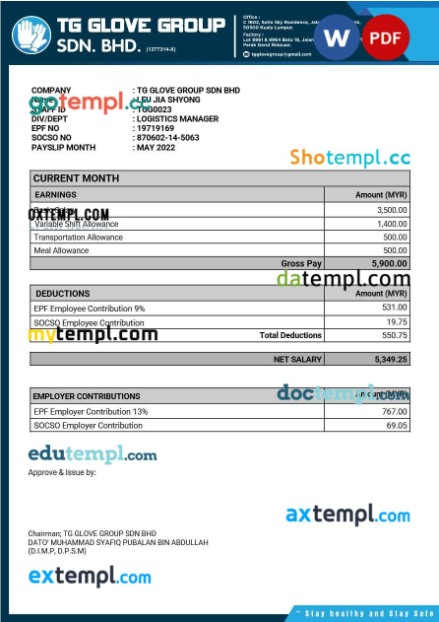 TG Glove Group manufacture payslip template in Word and PDF formats