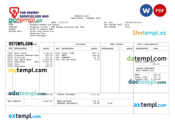 TNB Energy Services payslip template in Word and PDF formats