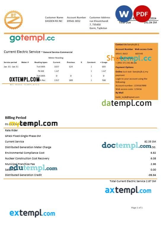 Tajikistan Barqi Tojik Company electricity business utility bill template in Word and PDF formats