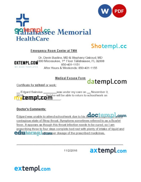 Tallahassee Memorial HealthCare medical excuse form template Word and PDF formats