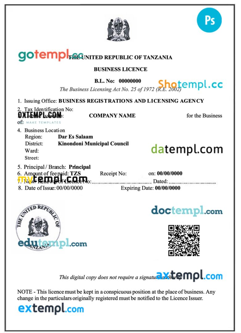 Tanzania company registration certificate PSD template