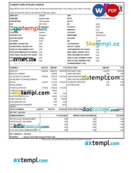 TaskUS India payslip template in Word and PDF formats