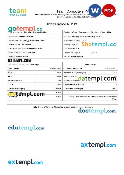 Team Computers salary slip template in Word and PDF formats